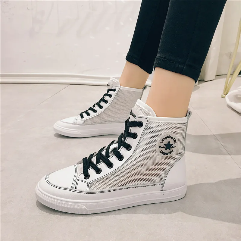 

Spring/Summer Women Shoes Lace-Up Flat Breathable Mesh Sneakers Casual Comfortable Vulcanized shoes White Sneakers Basket Femme