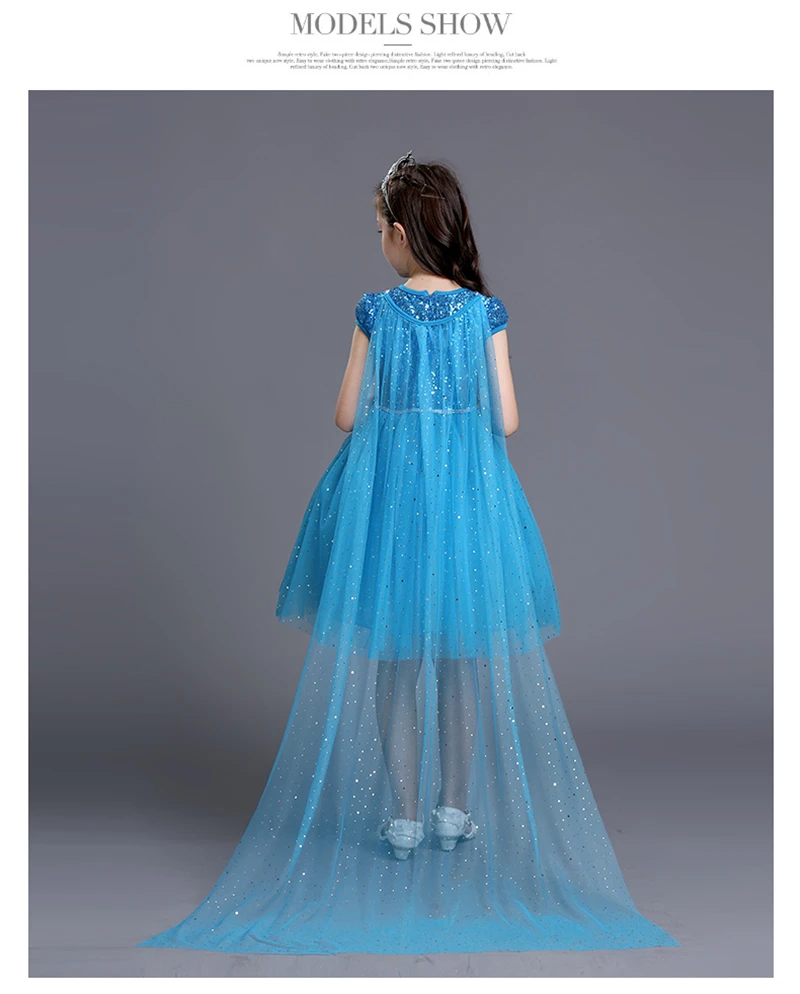 Голубое платье с блестками для маленьких девочек платья принцессы Эльзы для девочек детское платье Снежной королевы, фантазийный костюм с длинным шлейфом на год