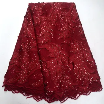 

FolaSade Super neat embroidery Red Luxury tulle lace with stones African french lace fabric 5 yards/pc high quality 2019 TZ487