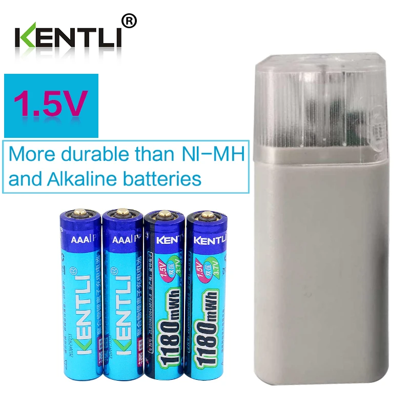 KENTLI 4 шт 1,5 v 1180mWh AAA перезаряжаемая полимерная литиевая батарея+ 4 слота aa aaa литиевая батарея зарядное устройство с фонариком