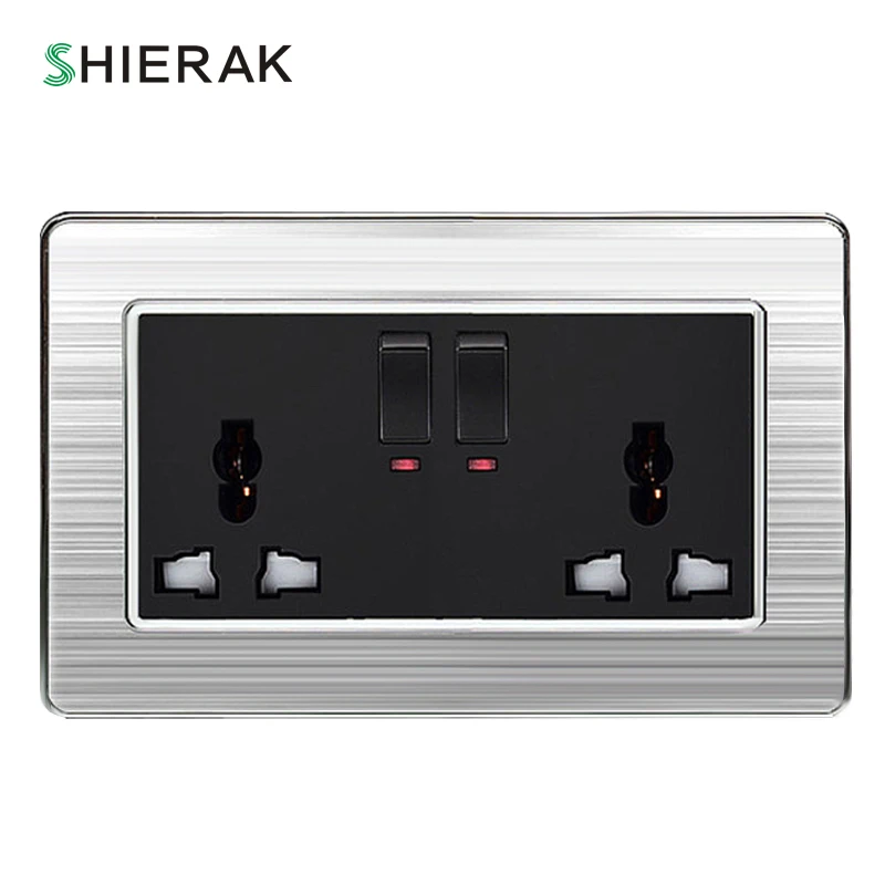 

SHIERAK 2017 Hot Sale 2 Gang 6 Pin Universal Standard Socket Luxury LED Wall Light Switch Double Socket 13A AC 110~250V