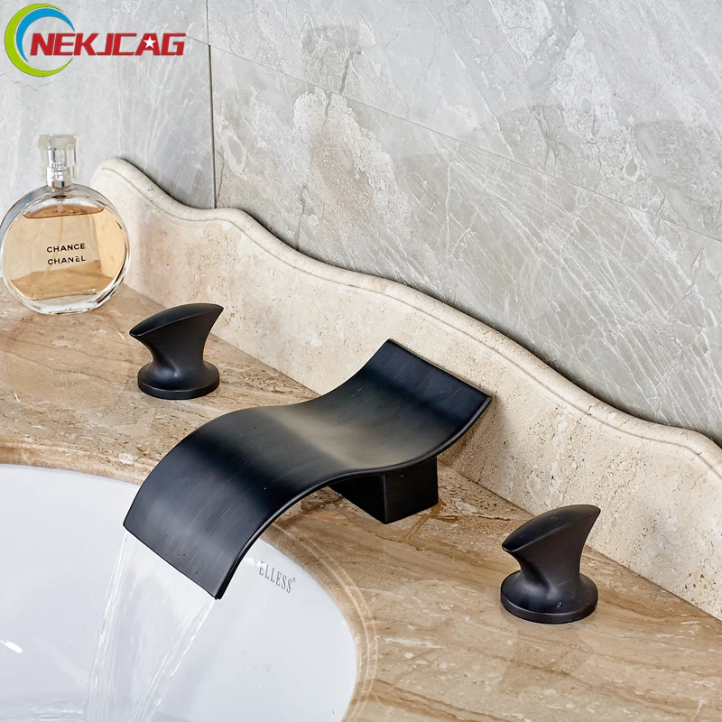 

Oil Rubbed Bronze Waterfall Basin Mixer Faucet Dual Handles Wave Shape Spout Bathroom Black Widespread Water Taps