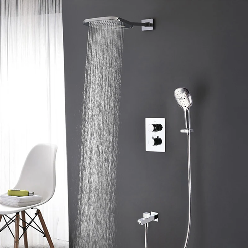 ABS Waterfall Shower System Thermostatic Shower Faucets Set 200mm Showerhead With Rainfall Hand Hold Shower,Water Spout Brass