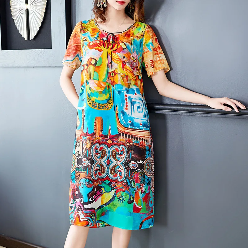 

L93HT107 New Fashion Spring and Summer Women's Clothing Round Neck Printed Loose Plus Size Medium-length 100% Silk Dress
