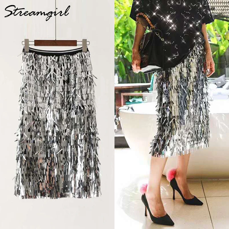 

Streamgirl Pink Sequin Skirt Women Black Tassel Skirts Summer Long Party Skirts Women Woman A Line Skirt Sequined Fashion