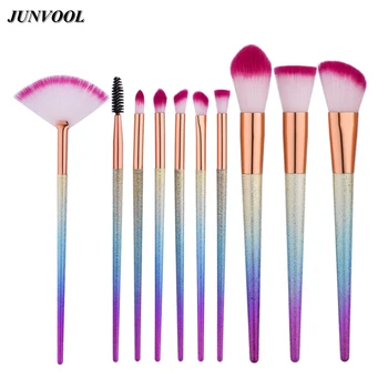 

Matte Rainbow Handle Makeup Brushes 10pcs Gradient Foundation Eyshadow Blusher Powder Blending Cosmetic Fan Brush Kit Pink Hair