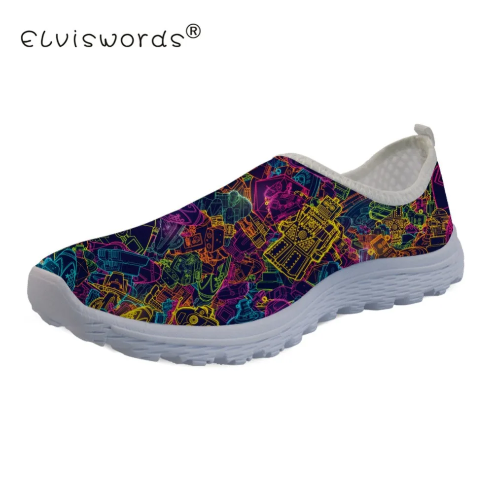 

ELVISWORDS Women Flats Casual Shoes Colorful Robot Pattern Ladies Comfortable Slip-on Woman Outdoor Mesh Loafers Zapatos Mujer