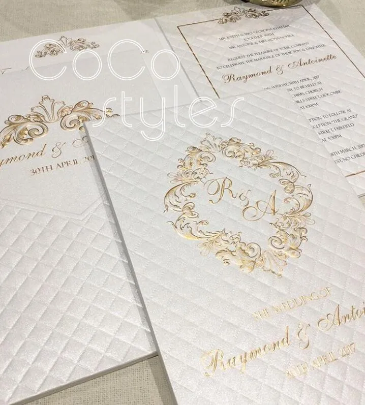  Cocostyles bespoke stunning rhombus debossing gold foiling invitation card for luxury wedding - 32878404045