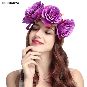 

DUOJIAOYAN Hot Sale Fabric Floral Artifical Flower women bridesmaid hair tie accessories rose the girls headband