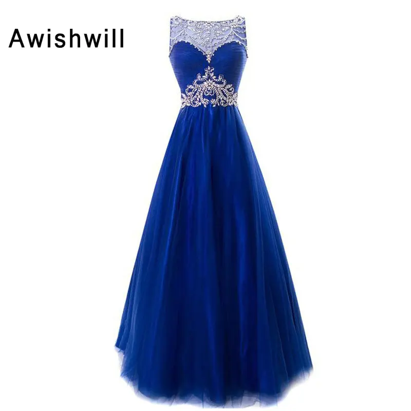 

Real Photo Formal Gowns Scoop Neckline Beaded Ruched A-Line Tulle Royal Blue Sexy Long Prom Dress Imported Party Dress