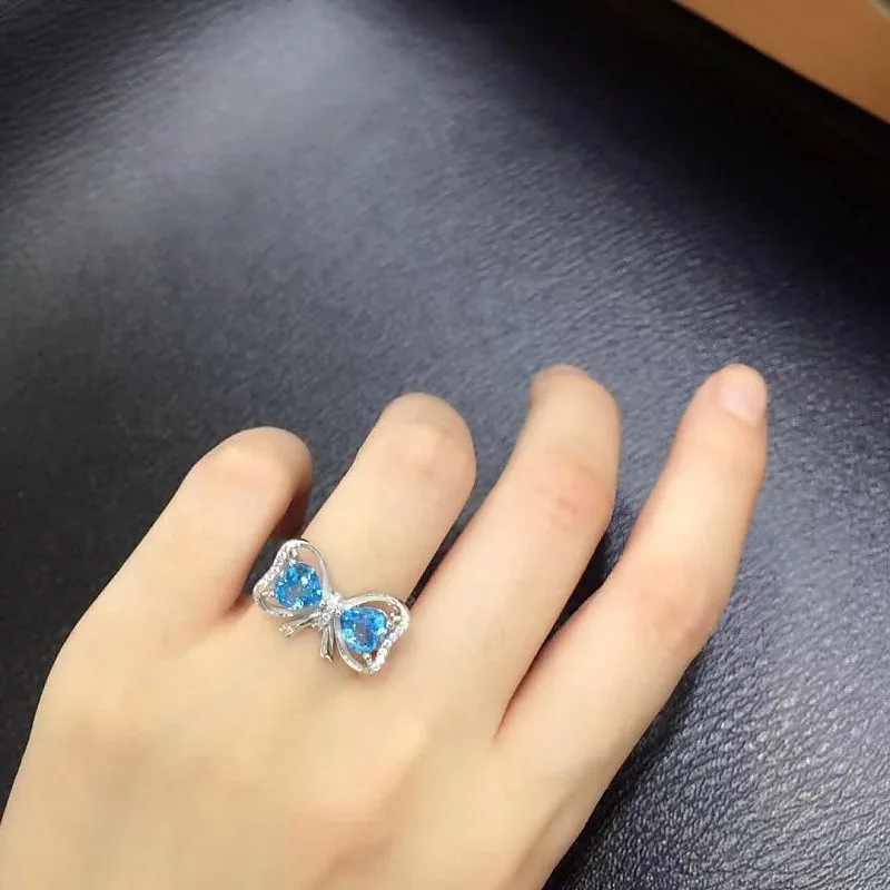 Qi Xuan_Blue Stone Bowknot ювелирные изделия Rings_Finger Rings_S925 Твердые серебряные модные синие кольца производитель прямые продажи