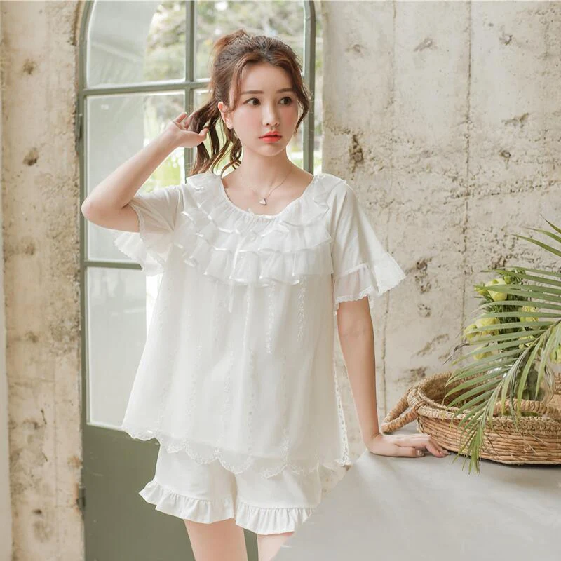 

Summer season elegant solid ruffles design short sleeves pajama set pure cotton embroider round neck princess night clothings