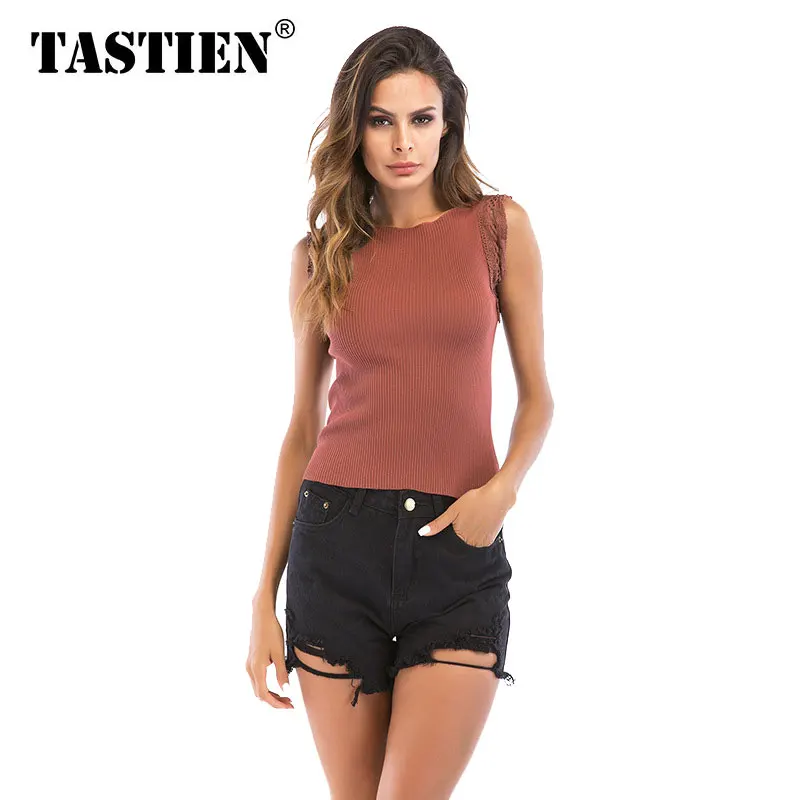 

TASTIEN 2018 Shirts Women Sexy Tops Crop Sleeveless Patchwork Summer Tank Tops Vintage Booty Casual Woman White Bitch Club Tops