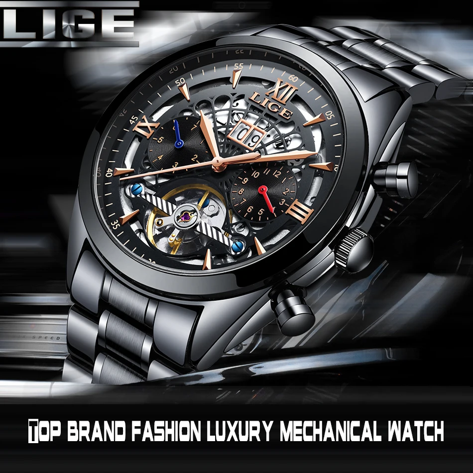 LIGE Лидирующий бренд, Роскошные мужские часы, Классические Черные Водонепроницаемые механические часы из нержавеющей стали
