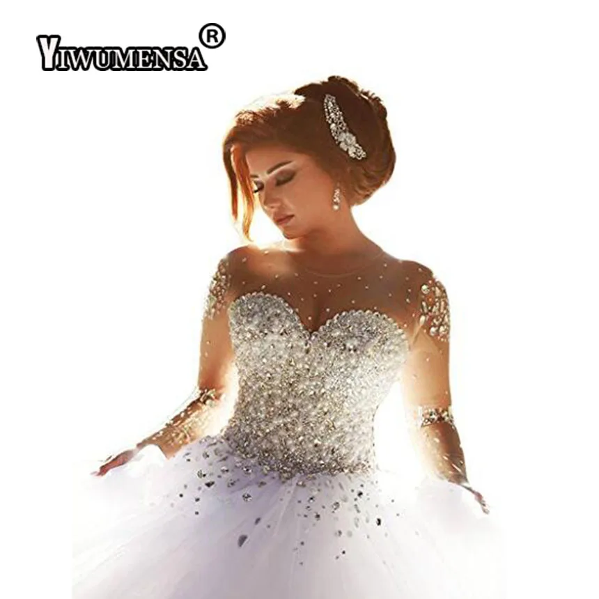 

Robe de mariage Crystals Wedding Dress Beaded Full Sleeves Backless Bridal Gown Wedding dresses Bride Vestido de noiva 2018