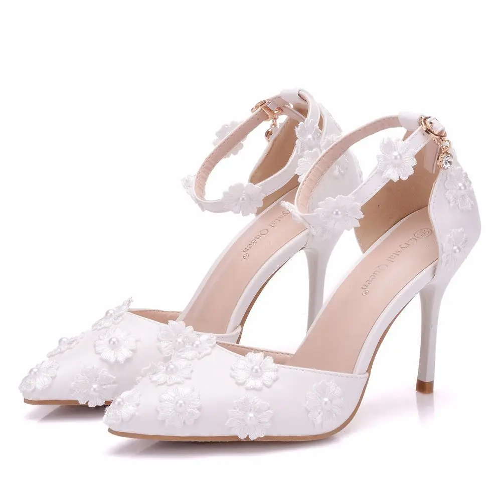 

Women High Heels Pumps Pointed Toe Leather Flower White Dress Wedding Shoes Stiletto Heels 9cm Summer Sexy Ladies Shoes