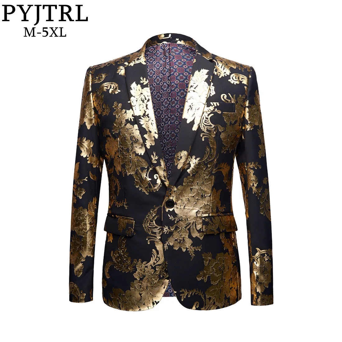 

PYJTRL New Tide Male Gold Floral Pattern Casual Blazer Designs Masculino Slim Fit Americana Hombre Coat Men Singers Costume Mare