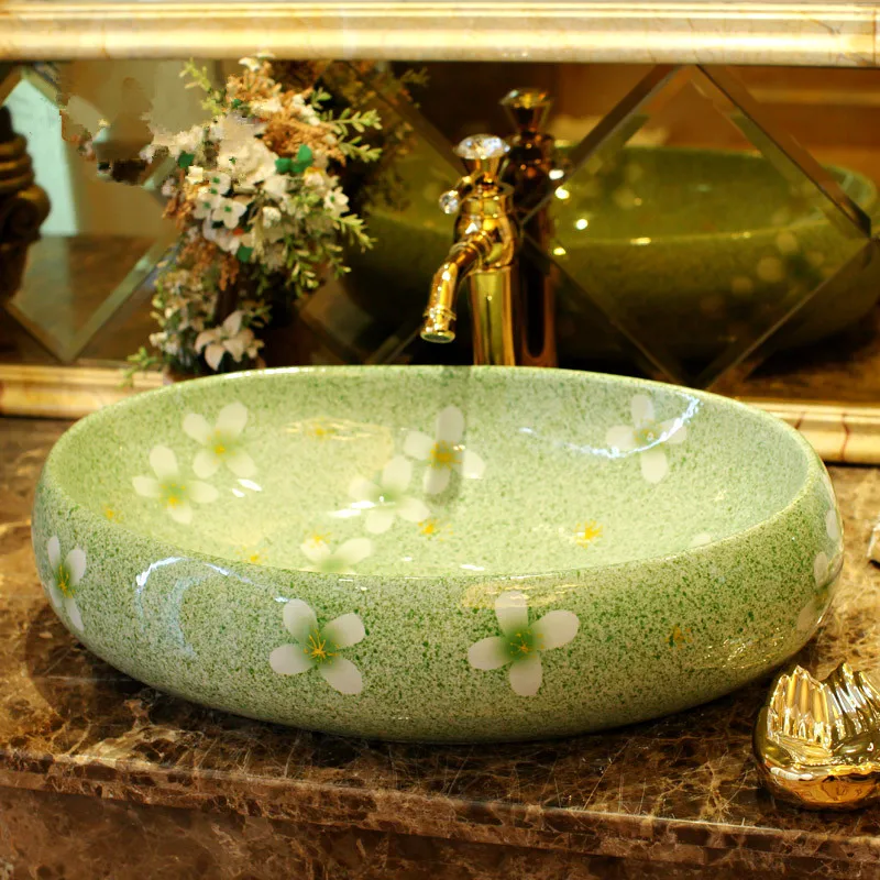 Green glazed flower porcelain bathroom vanity bathroom sink bowl countertop Oval bathroom sink wash basin Green glazed flower porcelain bathroom vanity bathroom sink bowl countertop Oval bathroom sink wash basin