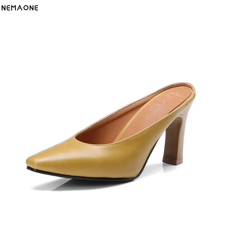 

NEMAONE poined toe high heels slippers women elegant women sandals casual ladies shoes black beige yellow green size 9 10 11 12
