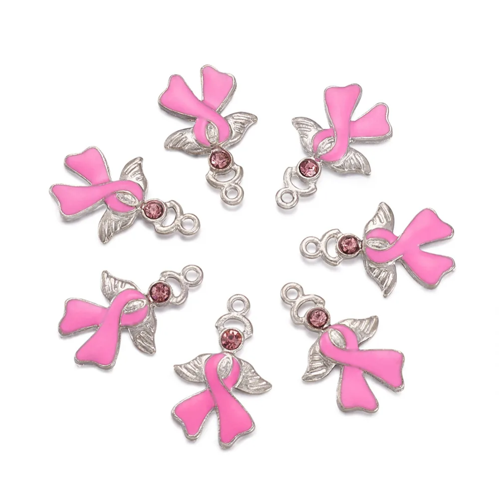 Pandahall 10pcs 23.5x15x2mm Pearl Pink Alloy Rhinestone Enamel Breast Cancer Awareness Ribbon Charms with Angel Wing Pendants