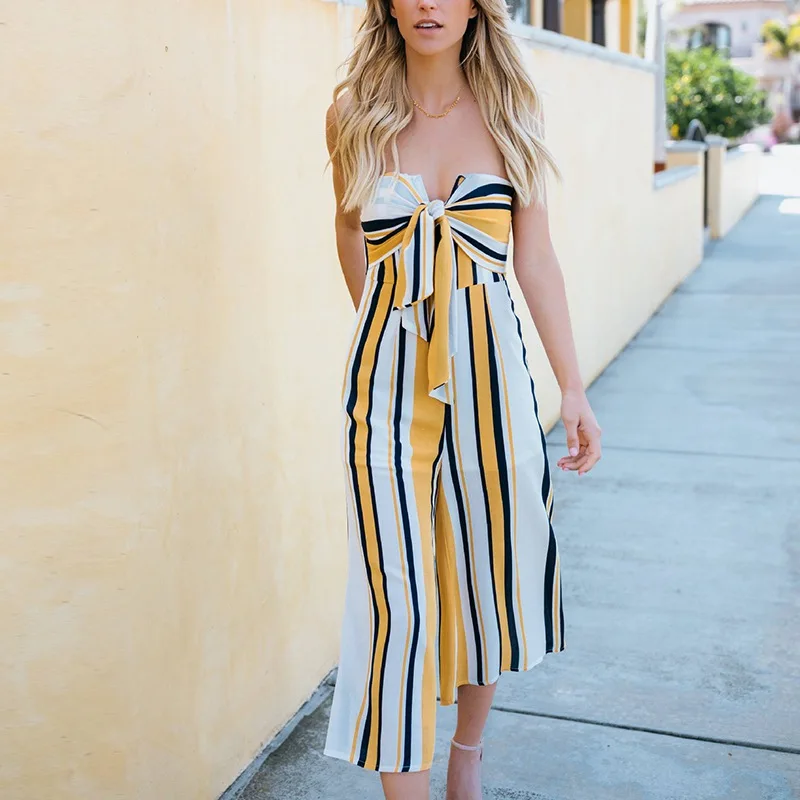 

New Off-Shoulder Striped Jumpsuit Sexy Wrapped Chest Bow Top Long Straight Jumpsuit Summer Loose Backless Tops 4 Colors