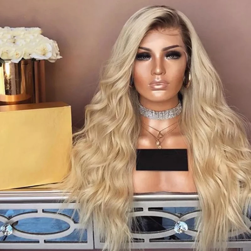 Curly Ombre Blonde Wig Dark Roots Glueless Lace Front ...