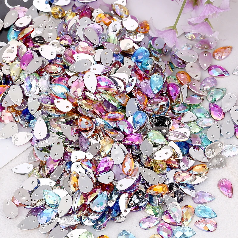

Free shipping 100pcs/pack 8*13mm Acrylic crystal Tear drop shape flat back sew on Beads with holes, DIY Clothing accessories