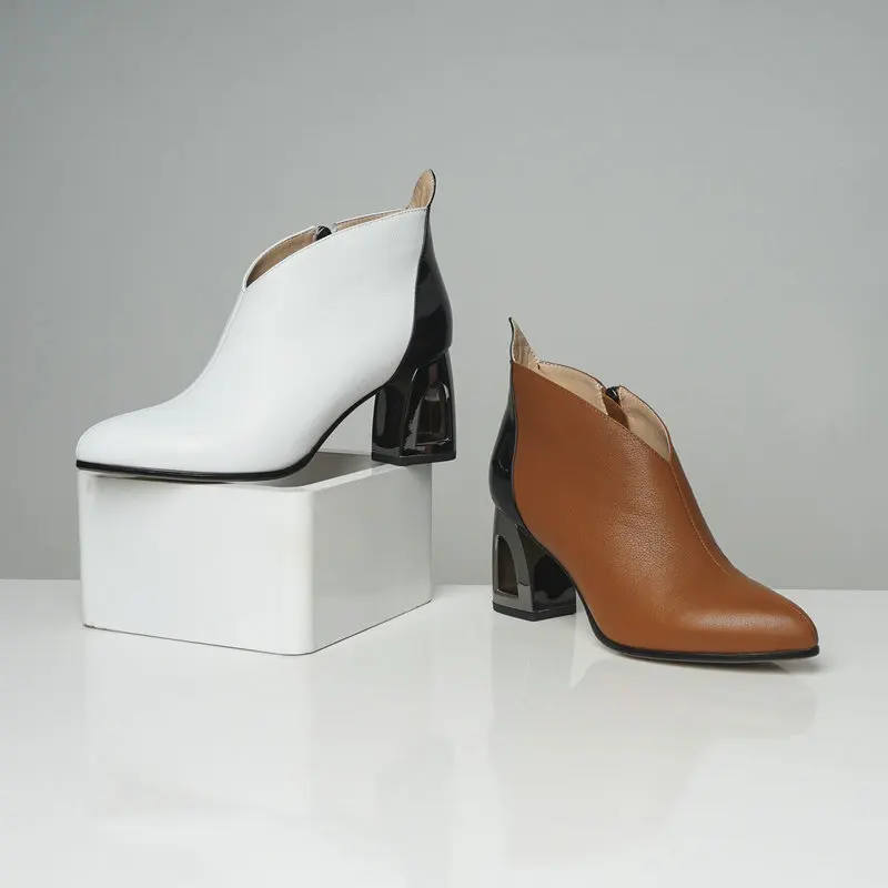 Новые женские ботильоны из натуральной кожи на высоком каблуке; женские модельные туфли; цвет белый, оранжевый; женские ботинки; большие размеры 42, 43