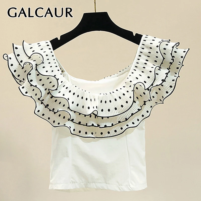 

GALCAUR Elegant Polka Dot Shirt Female O Neck Short Sleeve Ruffles Patchwork Tunic Fashion Woman Blouses 2019 Summer New