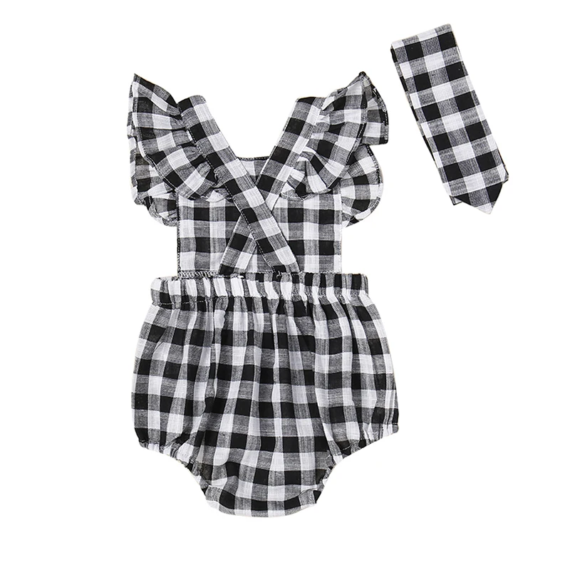 

Summer baby girl romper Black and white plaid small flying sleeves backless one-piece bodice with hair band