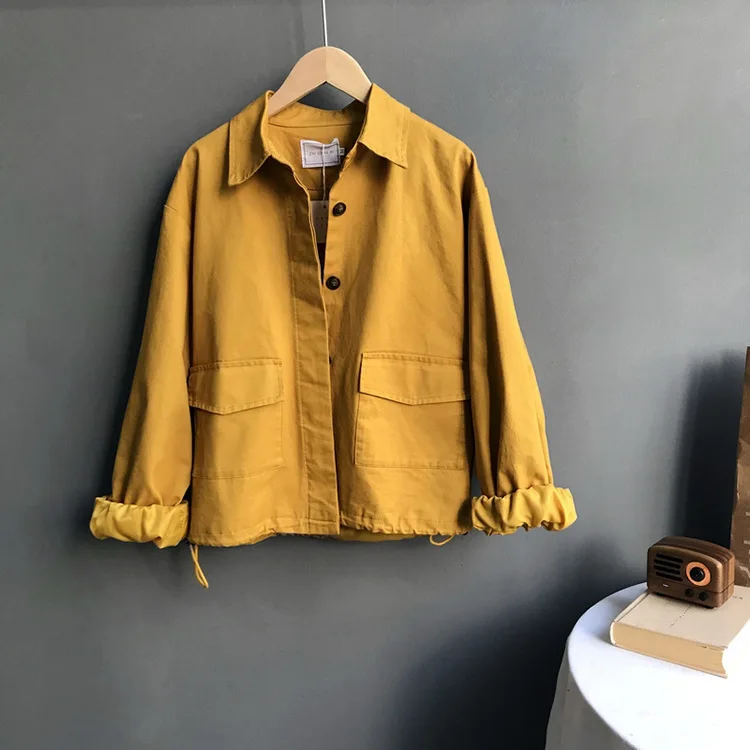 Autumn Safair Style Women Solid Jackets Turn-down Collar Full Sleeve Pocket Straight Work Clothes Korean Loose Yellow Green Coat