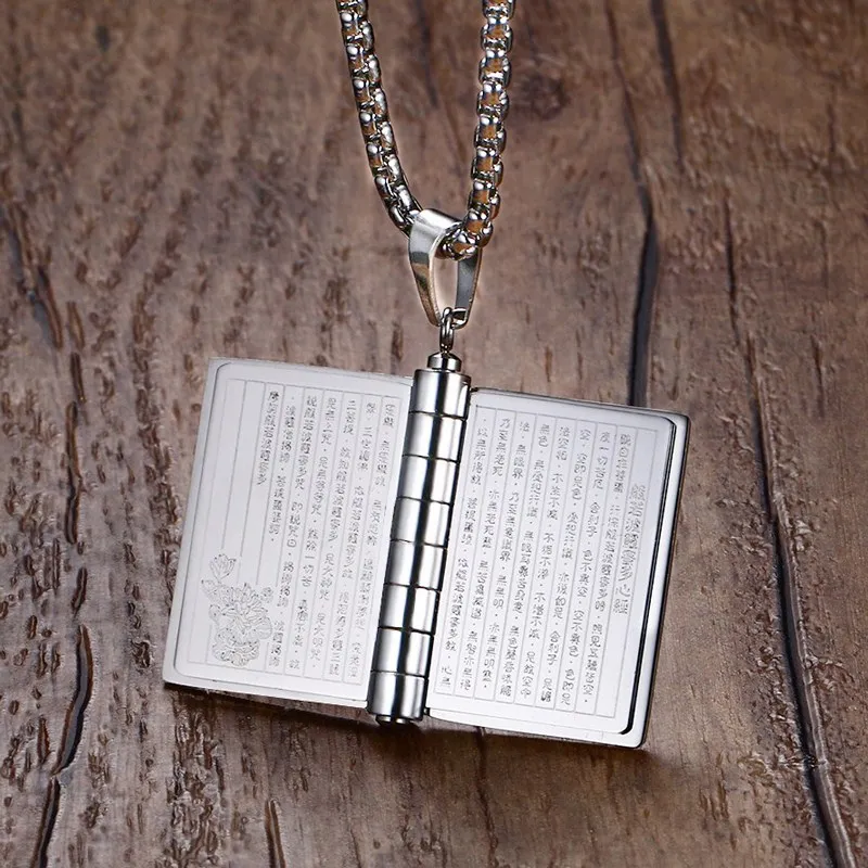 

Mprainbow Men Stainless Steel Indian Buddhist Scriptures Textbooks Shape Pendant Necklace Can Turn Pages Male Jewelry
