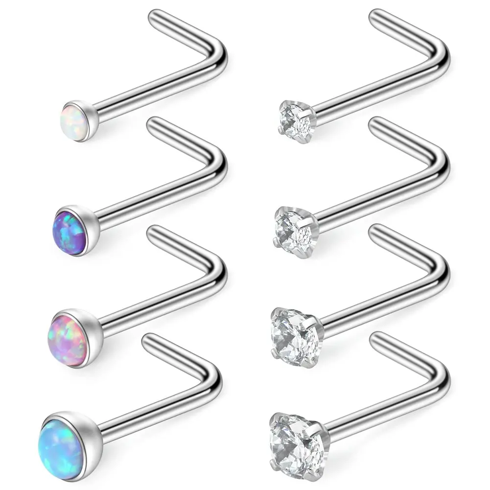 

18G 316L Surgical Steel 1.5mm 2mm 2.5mm 3mm Jeweled Opal & Clear CZ Nose L-Shaped Rings Studs Ring Body Piercing Jewelry 8PCS