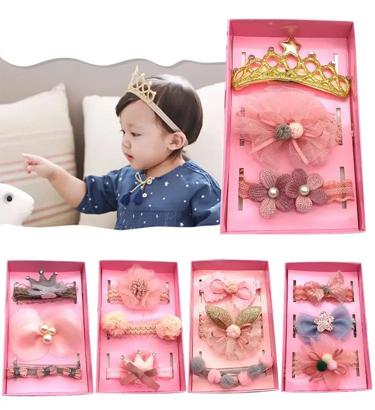 

3 PCS/Set Crown Flower Lace Baby Hair Accessories Children Bow Stripe Headband Baby Headdress Gift Newborn Headband