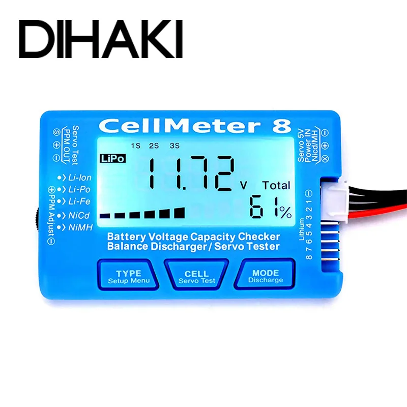 

RC CellMeter-8 1-8S Battery Capacity Voltage Checker Meter Balance Discharger Servo Tester LiPo Li-lon LiFe NiMH CellMeter 8