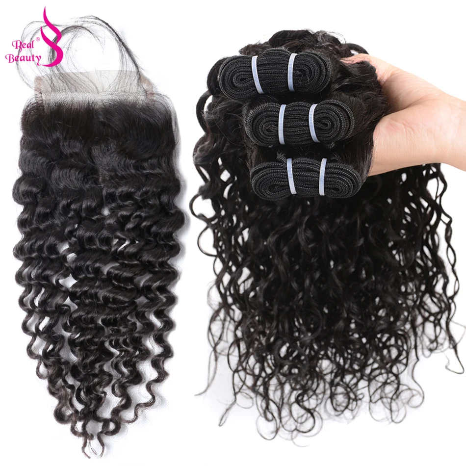 3 Bundles Brazilian Water Wave With Lace Closure Real Beauty Human Hair Weave Bundles With Closure Remy Hair  (17)