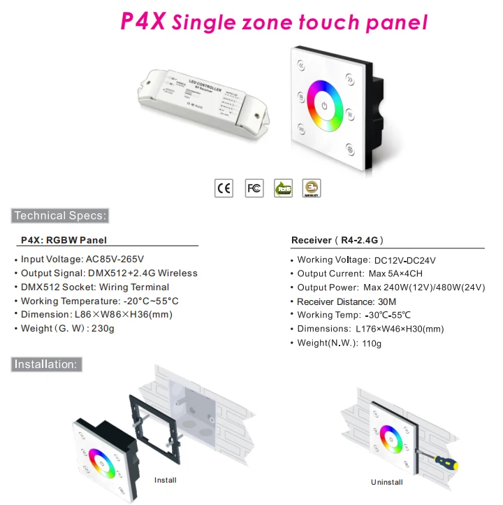 Новый прокладка RGBW светодиодный контроллер настенный сенсорный Панель AC85V-265V P4X 2,4G Беспроводной приемник R4 DC12V-24V 5A * 4CH RGBW DMX контроллер