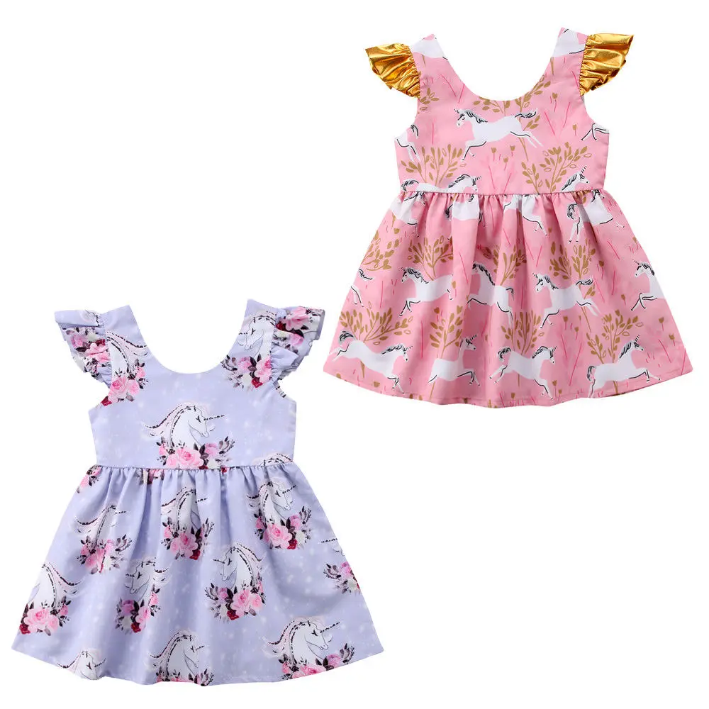 

Floral Summer Toddler Kids Girl Dress Ruffles Sleeve Unicorn Cartoon Tutu Princess Baby Party Dresses Sundress Clothes 1-6Y