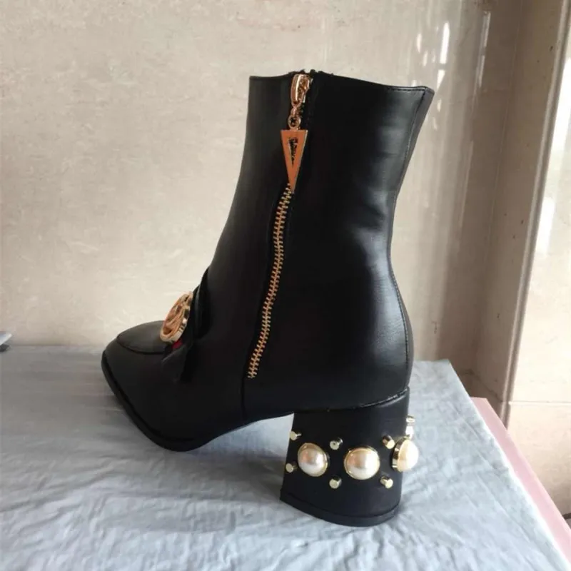 

Chowaring Famous Brand Women Boots Autumn Winter Female booties Pearl Heels Luxury Designers Boots High Heel Big Size 43 42 34