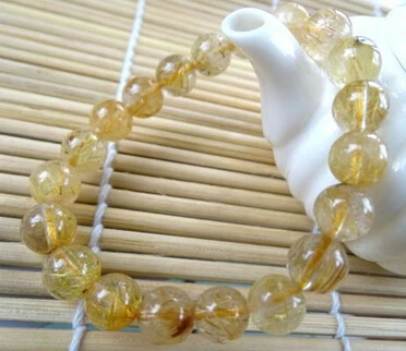 

001926 9mm genuine golden rutilated quartz rock round beads stretch bracelet