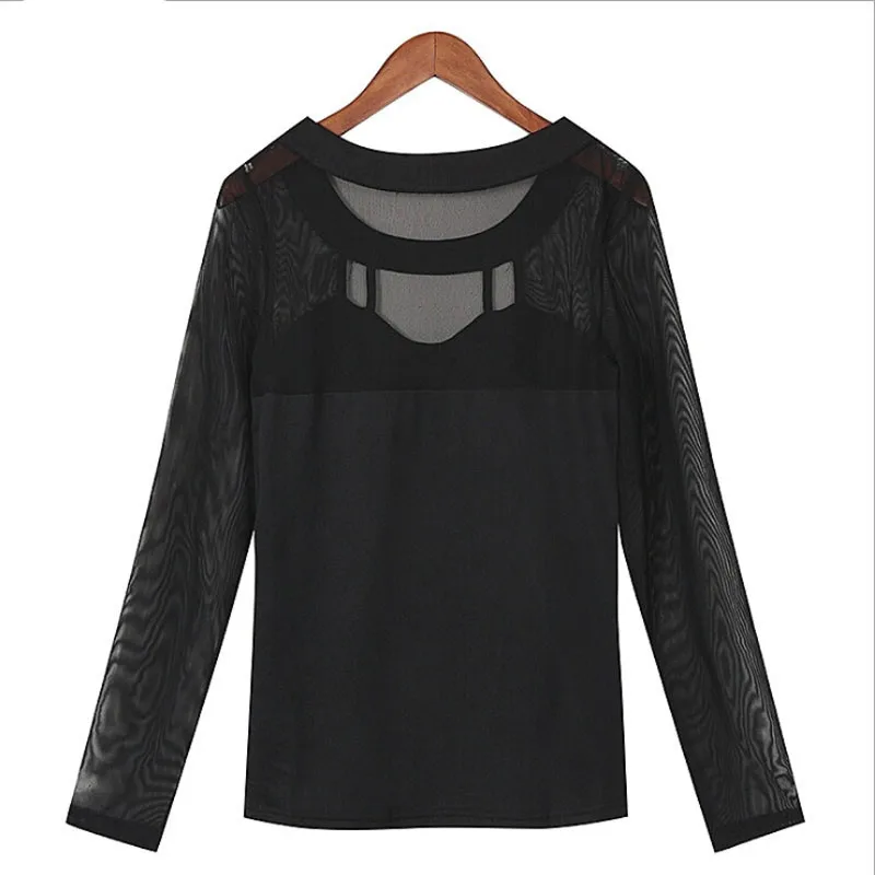 المرأة مثير شبكة البلوزات 2017 blusas femininas طويلة الأكمام س الرقبة عارضة سوداء ضئيلة نرى خلال قمصان قمم المرأة مثير شبكة البلوزات 2017 blusas femininas طويلة الأكمام س الرقبة عارضة سوداء ضئيلة نرى خلال قمصان قمم