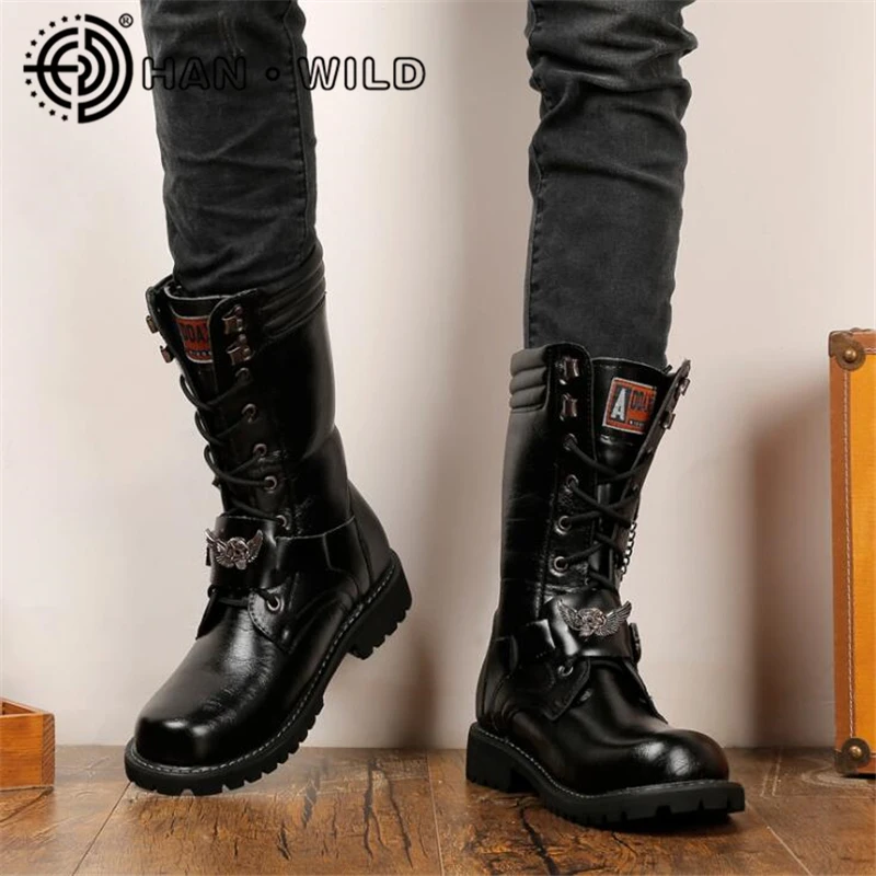 Fivela Exército Tático Preto Botas Do Cano Motocicleta Homens Qualidade De Metal Punk Militar Couro Alta Alto Sapatos w7pPYaq