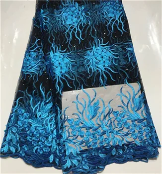 

Sea blue 3D Embroidery Lace Fabric.High Quality french Tulle Lace Fabric With Stone and bead 2019 African Lace Fabric zbr1-30