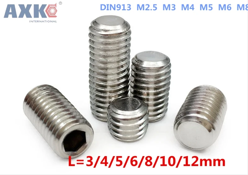 AXK DIN913 M2.5 M3 M4 M5 M6 M8 304 Stainless Steel Metric Thread Grub Screws Flat Point Hexagon Socket Set Headless | Обустройство
