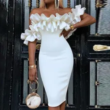 Moda feminina vestido de festa de noche verão sem mangas babados flounce cor sólida vestido formal ropa mujer 2019