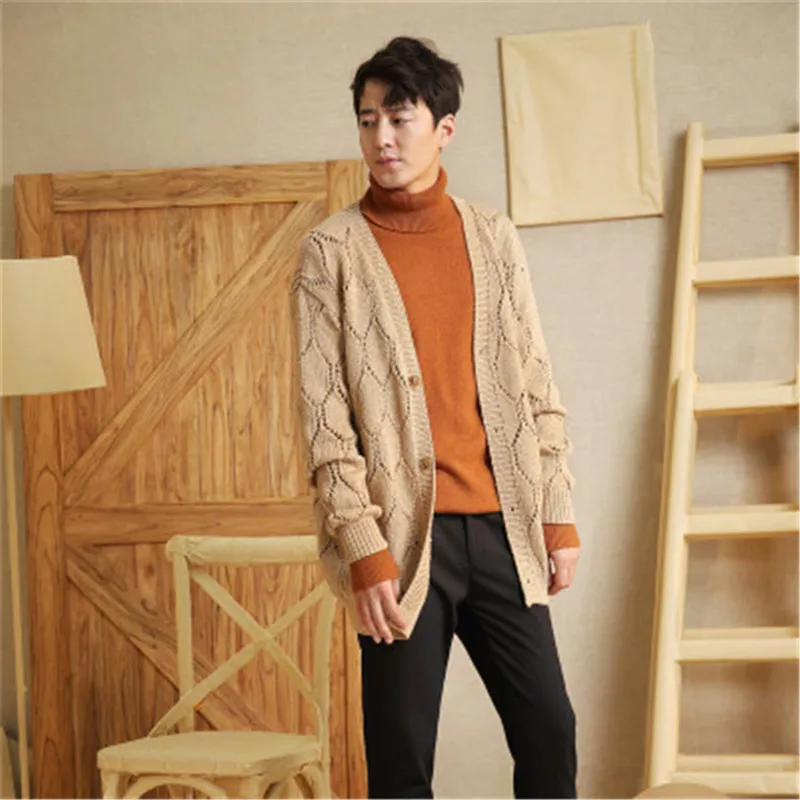  100%hand made pure wool Vneck knit men fashion solid hollow out slim single breasted cardigan sweat