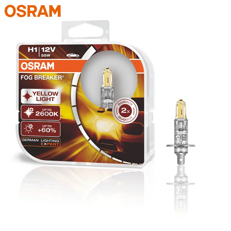 

OSRAM Fog Breaker H1 12V 55W 2600K Yellow Color Auto Headlight Car Bulb Fog Lamp +60% Light +200% Yellow 62150FBR (Twin)