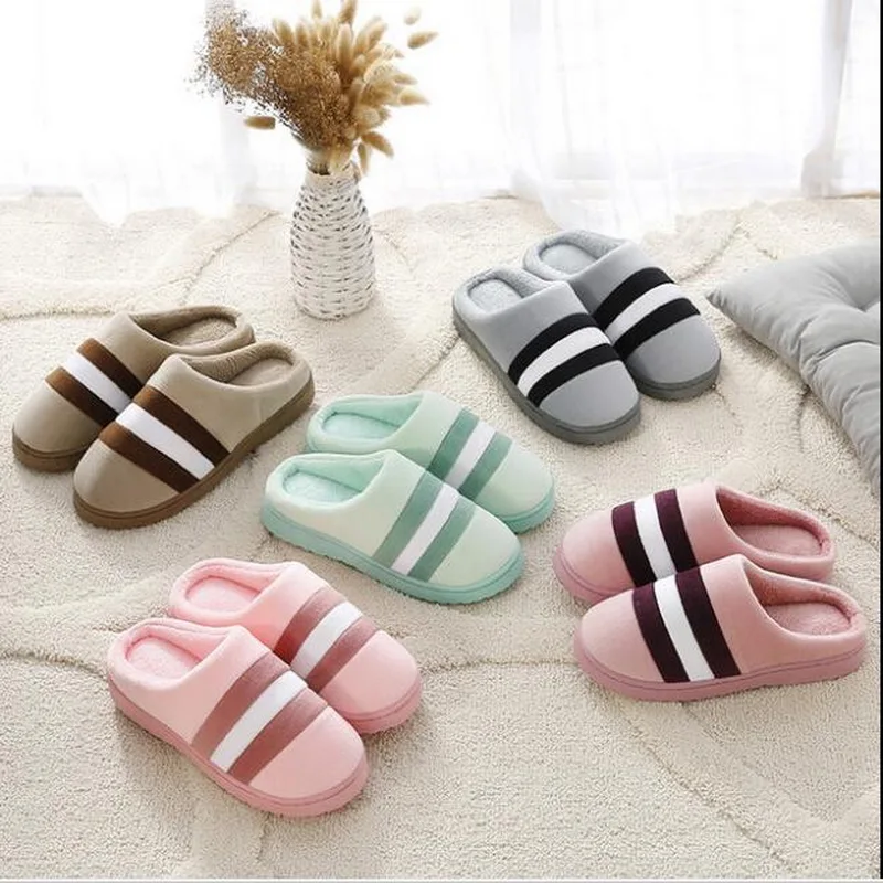 

Autumn and winter thick-splicing striped Cotton Home Slippers women Warm Plush Couple Flat Shoes home slippers cotton slippers