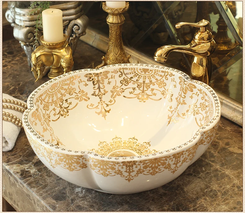 

Ceramic Painting Art Lavabo Bathroom Vessel Sinks Round counter top flower with gold pattern ceramic wash basin bathroom sink