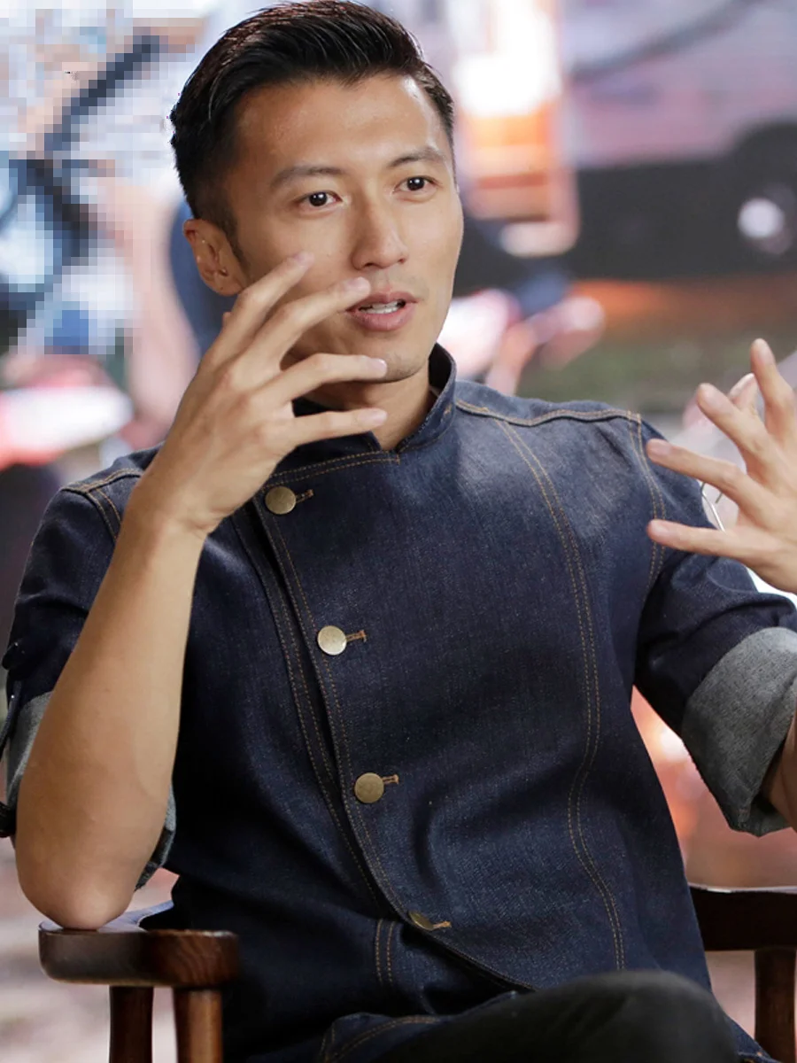 Men Denim Cotton Short&full Sleeve Chef Tops Uniform with Apron Set Oil Proof Food Service Kitchen Restaurant Cook Work Wear